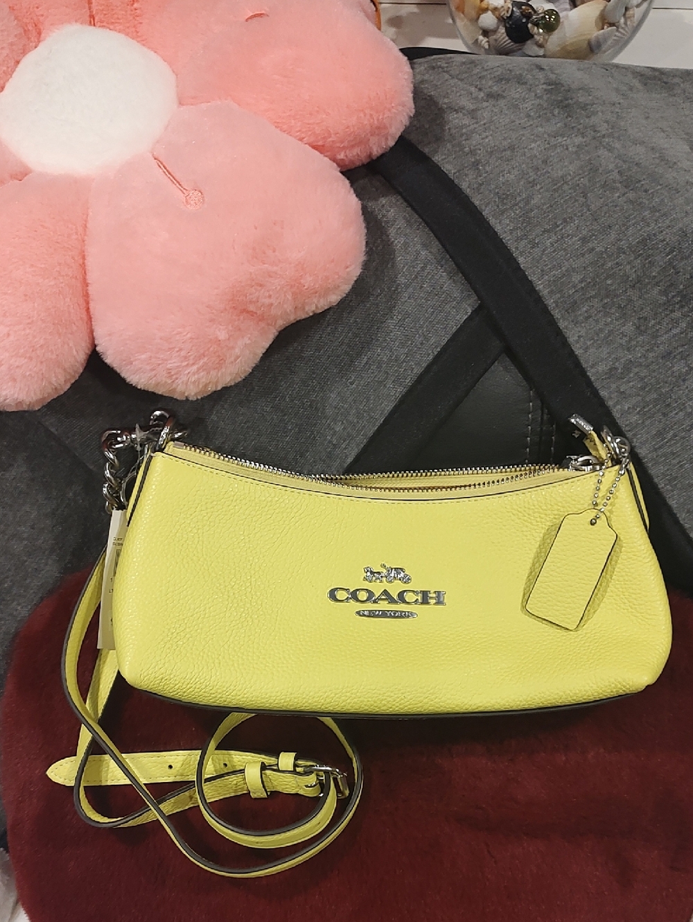 Coach Neon Yellow Pebbled Leather Crossbody Bag with Silver Hardware